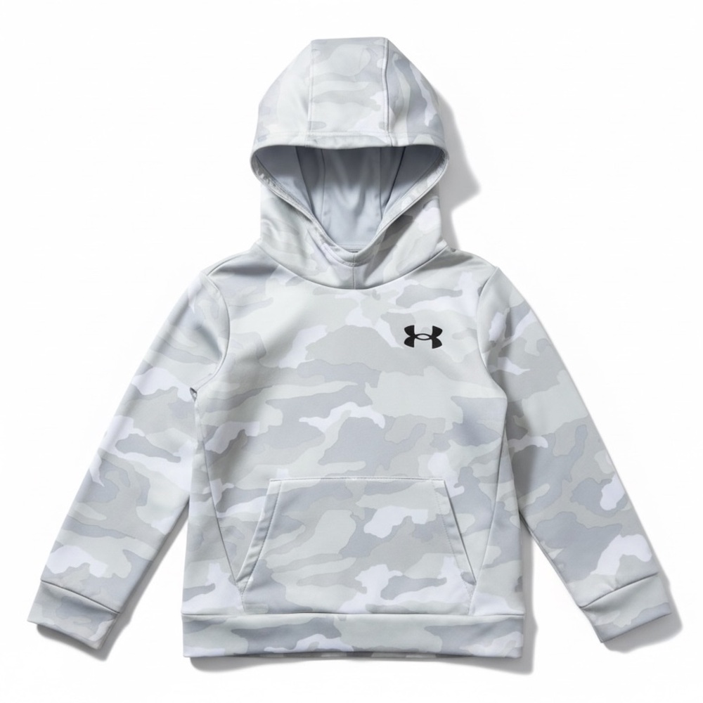 Under Armour Hoodie Fleece Lined Pullover Gray Camo YXS Loose Fit